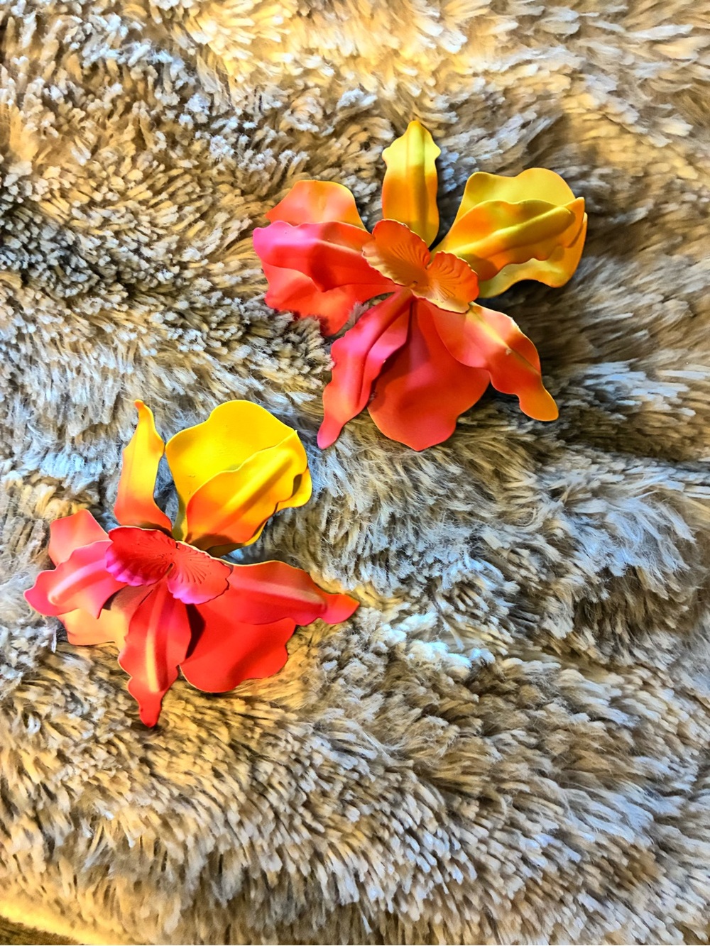 Large statement tropical style pierced earrings.  Yellow & Pink